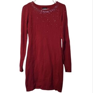 Bebe Rhinestone Red Long Sleeve Crew Neck Sweater Dress
